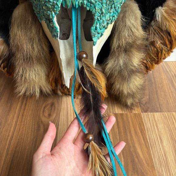 Turquoise Skull Wall Hanging Fur Feathers Leathers Accents - Picture 10 of 12